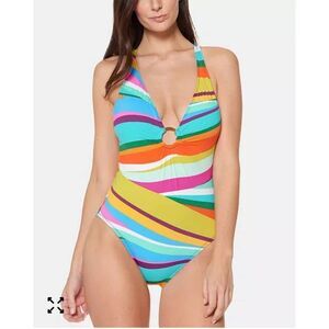 Bleu by Rod Beattie Striped Plunging Neckline Tummy Control One Piece Swimsuit S